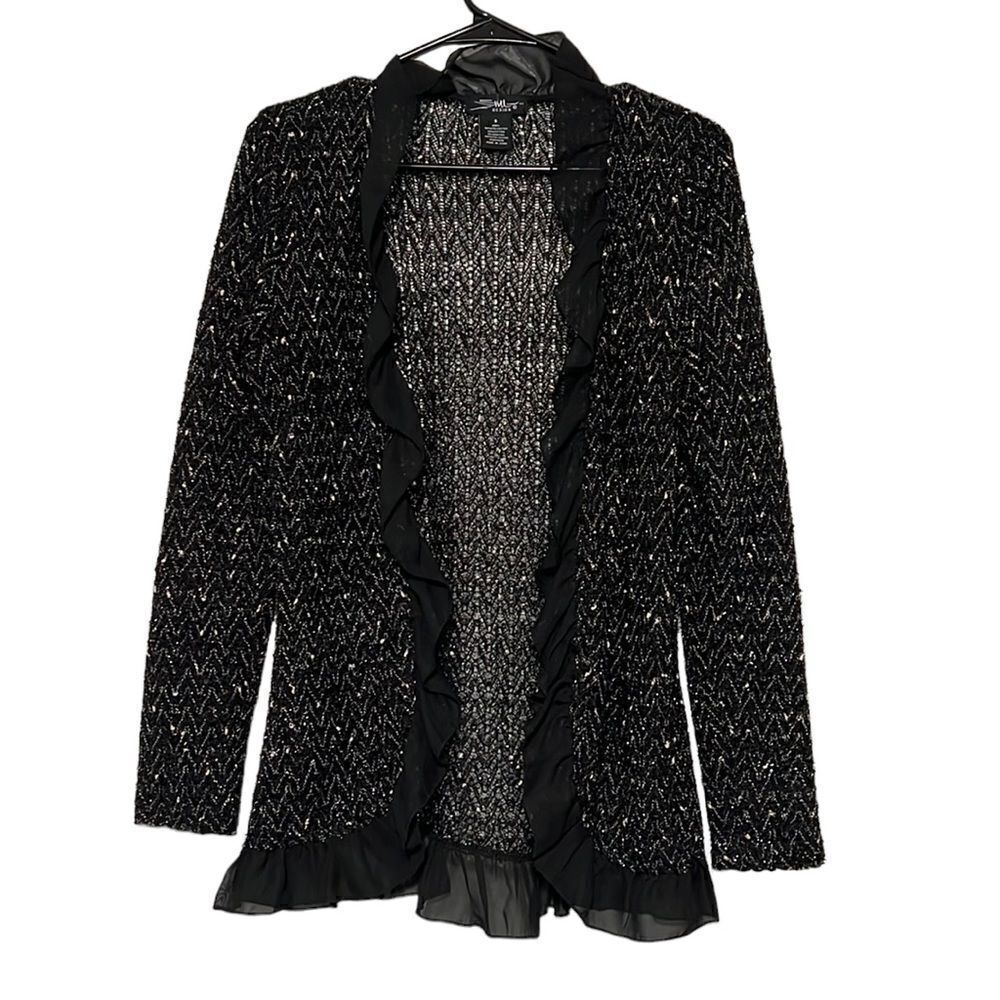 Jacket Women’s Small Black Silver Sparkle Dress Open Coat Ruffle Trim SML Design